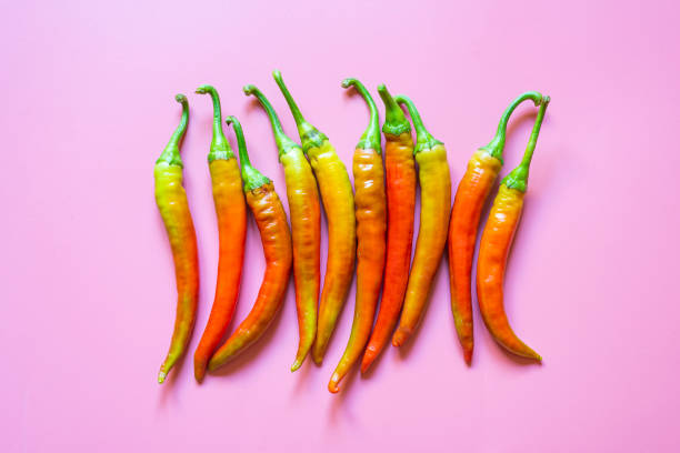 istock Fresh red and orange, hot peppers on pink background 1345008569