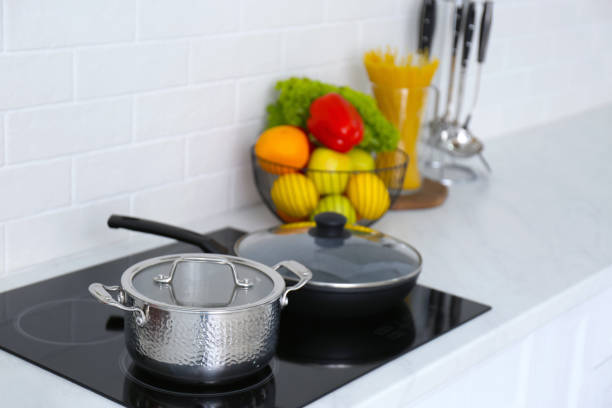 istock Saucepot and frying pan on induction stove in kitchen 1345009274