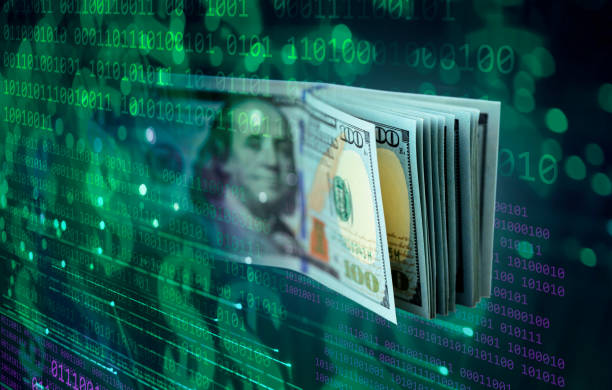 financial technologies - sfondo di codice binario con banconote in dollari - banconota di dollaro statunitense foto e immagini stock