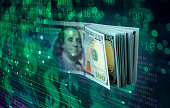 Financial Technologies - binary code background with dollar banknotes