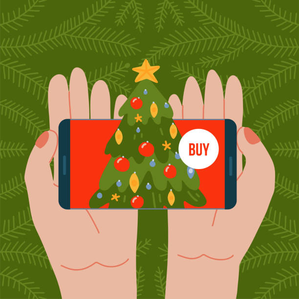 istock Online order christmas tree. Two hands holding the phone with decorated fir. Service for the delivery of Christmas trees. Vector illustration flat design 1345012117