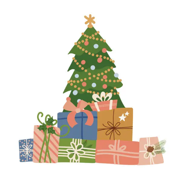 Vector illustration of Big colorful wrapped gift boxes stack with ribbon, bows lying under Christmas tree. Lots of winter holiday presents in pile. Congratulation card template. Flat vector illustration isolated on white