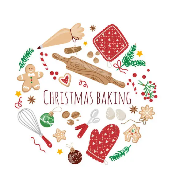 Vector illustration of Christmas baking elements concept in circle composition. Vector illustration on white background with kitchen utensils.