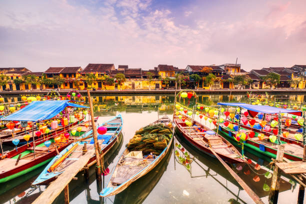 Decorated Boats on the River, Hoi An, Vietnam Decorated Boats on the River, Hoi An, Vietnam hoi an stock pictures, royalty-free photos & images