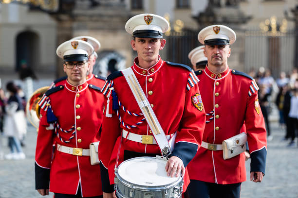 Prague, Czech Republic — May 01, 2017: national guard of the Czech Republic demonstrate the elements of combat training in front of a crowd of tourists. The ceremony of changing the guard of honor at Prague Castle, the residence of the President of the Czech Republic