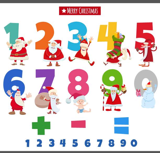 ilustrações de stock, clip art, desenhos animados e ícones de educational numbers set with santa claus characters - 0 3 months