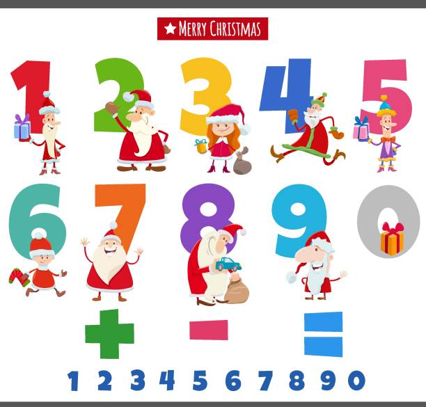 ilustrações de stock, clip art, desenhos animados e ícones de educational numbers set with christmas characters - 0 3 months