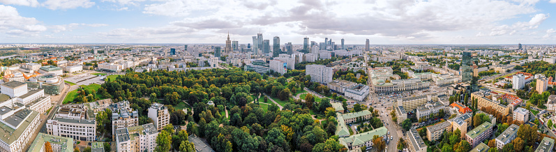 Aerial view of Warsaw city in Poland with Saxon garden