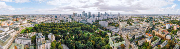 Aerial view of Warsaw city in Poland with Saxon garden stock photo