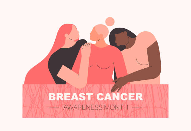 ilustraciones, imágenes clip art, dibujos animados e iconos de stock de mes de concientización sobre el cáncer de mama. grupo de mujeres diversas abrazadas y apoyándose mutuamente. salud femenina. cartel o pancarta para la campaña de prevención del cáncer. - cáncer de mama ilustraciones