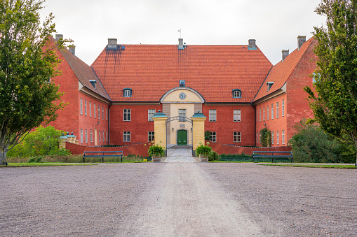 Hoganas, Sweden - September 20, 2020: Krapperup Castle and public garden in Höganäs, Sweden. Popular tourist destination.