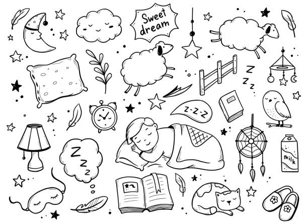 Sleep, relax time, dream night doodle set Sleep, relax time, dream night doodle set on white background. Concept comfort night sleep time. Hand drawn sketch style. Moon, cat, star, lamp element. Vector illustration. drawing of mattress stock illustrations