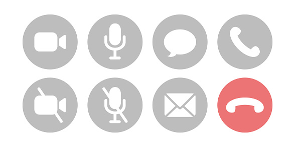 Virtual hangouts icons for conference call. On and off video, sound, message, mail and call icons isolated on white background. Flat vector illustration