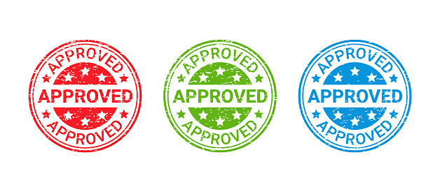 Approved grunge stamp. Vector. Approval badge. Accepted round ink sticker. Retro seal imprint. Confirm certificate label. Circle shape emblems isolated on white background. Simple illustration