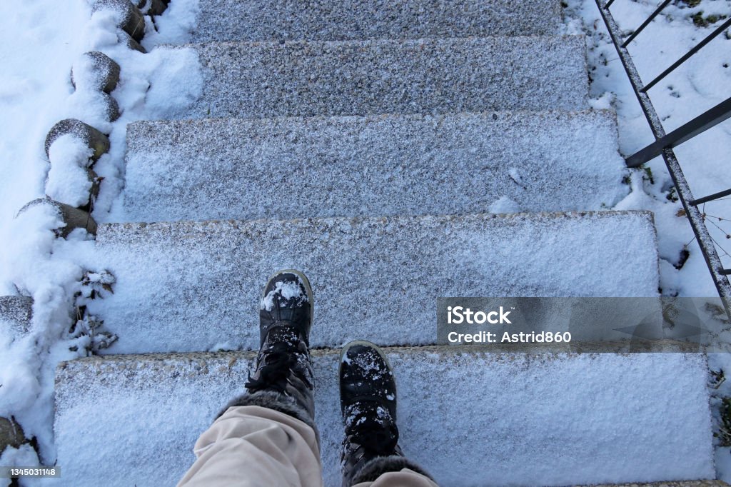 Danger of accident on snow-covered slippery steps of stairs in winter Winter Stock Photo