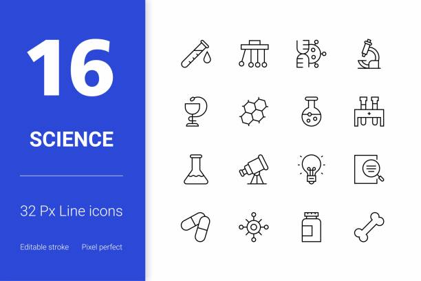 Science Editable Stroke Line Icons Editable stroke and scalable Science vector icons for mobile apps, web pages, infographics and so on. science research stock illustrations