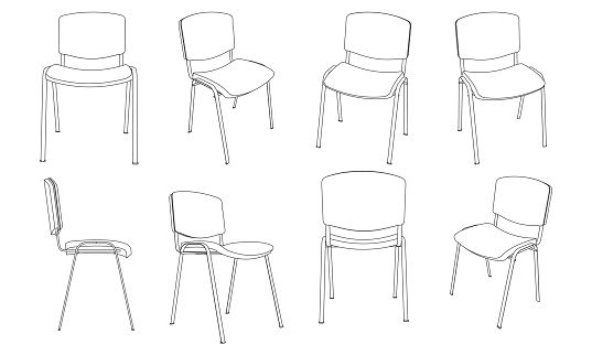 Vector outline illustration of office visitor chair, different views set