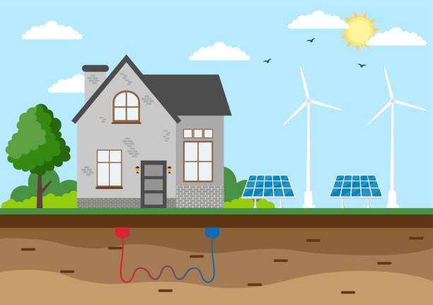 istock Ecological Sustainable Energy Supply Background Vector Flat Illustration Power Plant Station Buildings With Solar Panels, Gas, Geothermal, Renewable, Water and Wind Turbines 1345039584
