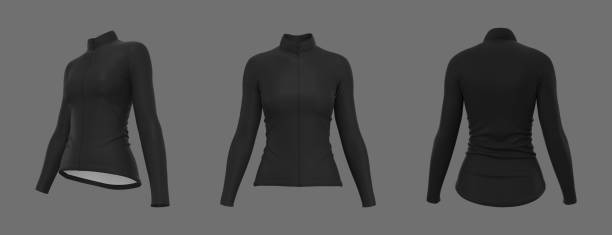 istock Women's cycling jersey mockup in front, side and back 1345041197
