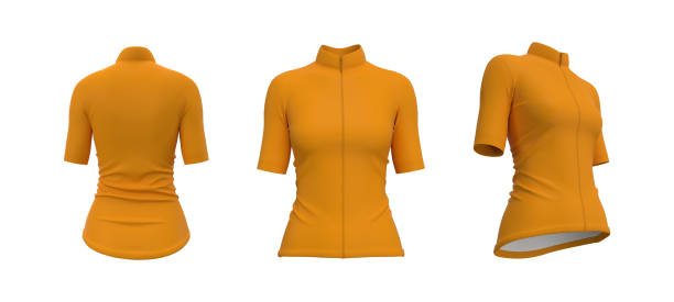 istock Women's cycling jersey mockup in front, side and back 1345041203