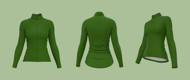 istock Women's cycling jersey mockup in front, side and back 1345041206