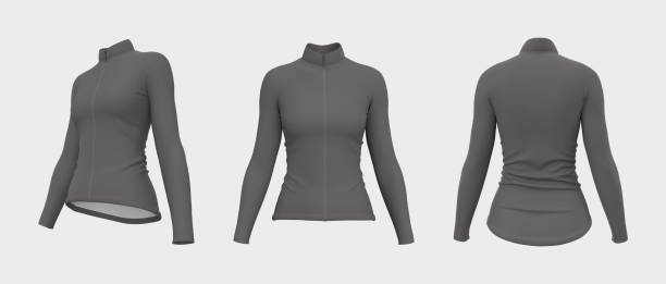 istock Women's cycling jersey mockup in front, side and back 1345041723