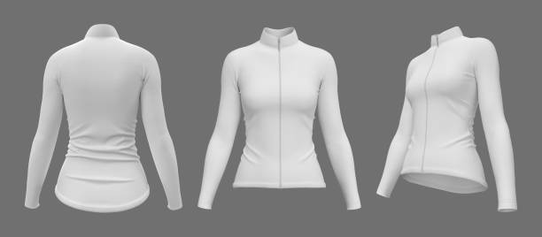 istock Women's cycling jersey mockup in front, side and back 1345041735