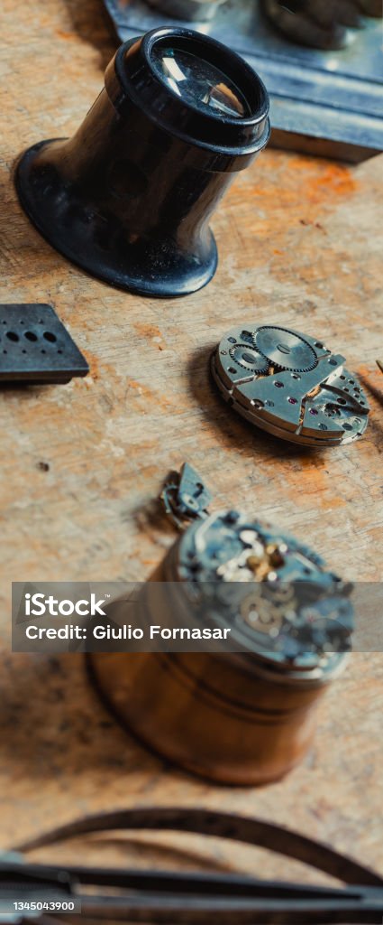 Clockmaker Work Space Clockmaker Or Watchmakers Workbench With Open Mechanisms Stock Photo ...
