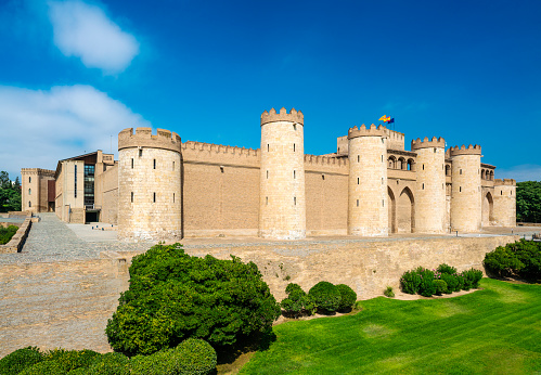 Zaragoza, Spain - July 29, 2021: The Aljaferia Palace was built in the 11th Century and is one of the best examples of Spanish Islamic architecture. It now houses the regional parliament.