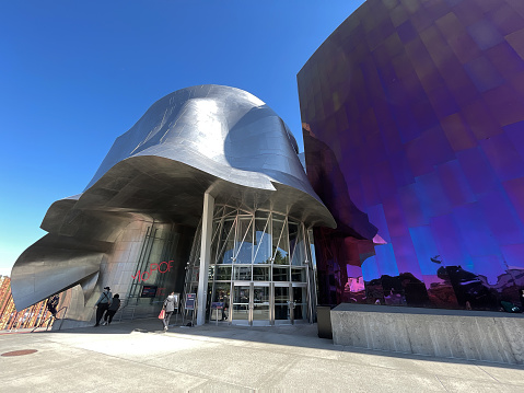 Seattle, WA - USA -Sept. 24, 2021: Horizontal view of The Museum of Pop Culture or MoPOP. A nonprofit museum in Seattle, Washington, dedicated to contemporary popular culture.