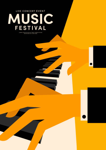 istock Music poster decorative with pianist playing piano design template background vintage retro style 1345049889