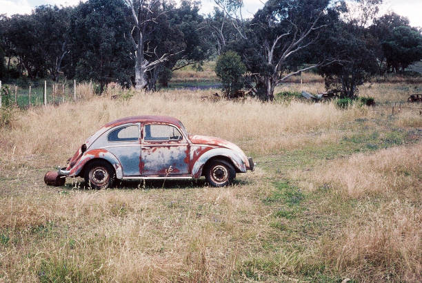 Tocumwal, Australia, November 25, 2010: View of vintage Volkswagon Beetle motor vehicle with heavy worn paint, sitting in a pasture, photographed on historic Kodachrome 64 slide film