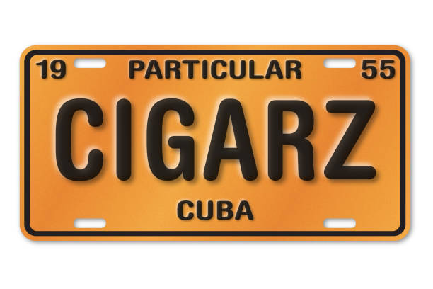 ilustrações, clipart, desenhos animados e ícones de ilustração da placa cubana laranja e preta, 1955. texto personalizado diz cigarz, uma ortografia de charutos. - license plate