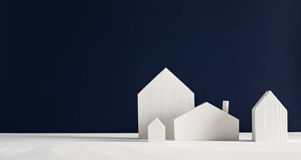 검은 색 배경에 작은 흰색 나무 장난감 집. 미니멀한 스칸디나비아 장식 디자인 - real estate decoration black and white architecture 뉴스 사진 이미지