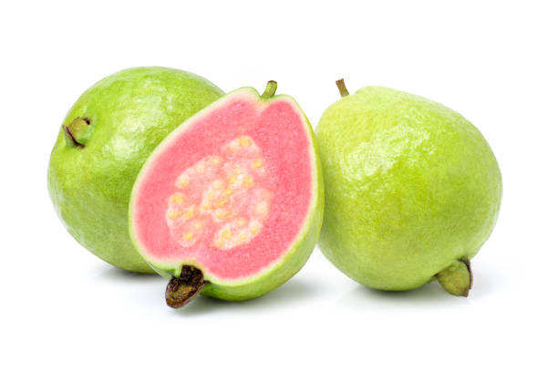 istock pink guava on white background. 1345059047