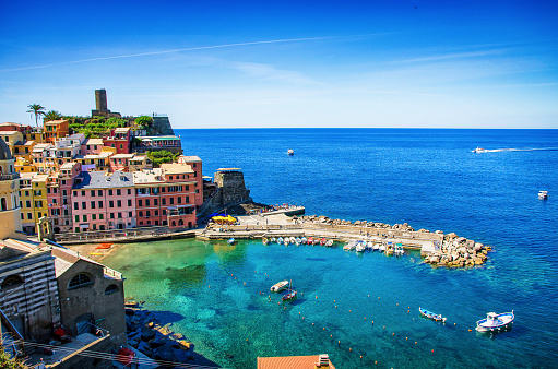 Beautiful seaside of Vernazza village in summer in the Cinque Terre, Italy