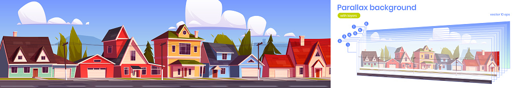 Parallax background for game suburb houses, suburban street with residential cottages 2d cityscape. Cartoon countryside buildings scene with separated layers, graphic animation Vector illustration