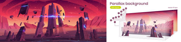 Parallax background alien planet surface landscape Parallax background alien planet surface futuristic 2d landscape. Cartoon fantasy game scene with glowing flying rocks and starry red sky, separated layers for ui animation, Vector slidescroll graphic alien planet stock illustrations