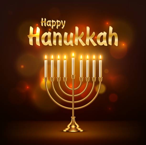 ilustrações de stock, clip art, desenhos animados e ícones de happy hanukkah vector greeting card with menorah - menorah