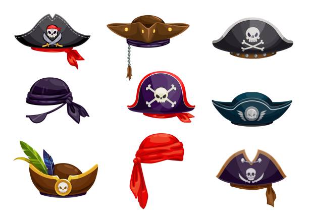 Cartoon pirate bandana, sailor tricorn cocked hat Cartoon pirate bandana and sailor tricorn or cocked hat set, vector icons. Pirate buccaneer or corsair carnival costume hats with skull and crossbones of merry roger flag, sabers and feathers boat captain illustrations stock illustrations