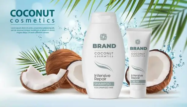 Vector illustration of Coconut cosmetics, shampoo and cream, water splash