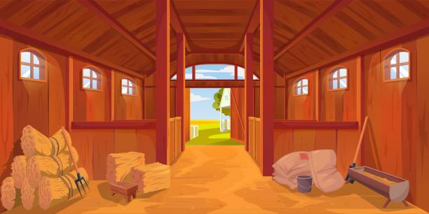 Farm stable or barn interior with sand on floor Farm stable or barn interior with sand floor, vector cartoon hayloft haystacks on wooden ranch. Farm house or stable inside on empty background, horse stalls or agriculture barn and farmhouse hut animal pen stock illustrations