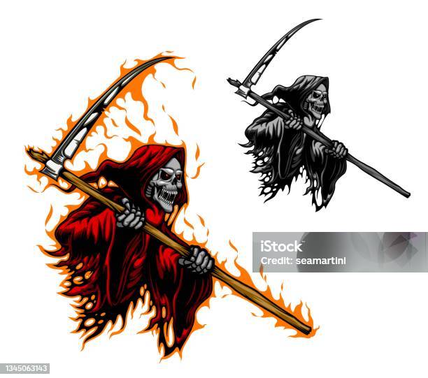 Sensenman Sensenmann Tattoo Gruseliger Tod Mit Sensenklinge Stock Vektor Art und ...