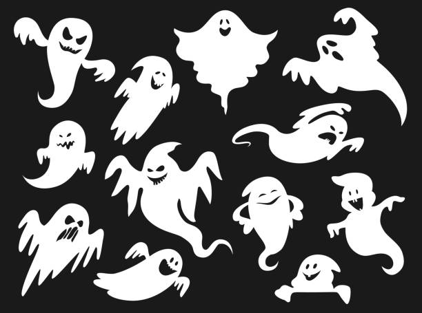 illustrazioni stock, clip art, cartoni animati e icone di tendenza di cartone animato di halloween spettrale fantasma spaventoso, spirito ghoul - witch smiling evil bizarre