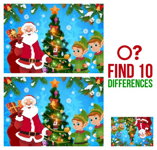 Christmas find ten differences game template Kids Christmas find ten differences game with Santa, elfs and decorated Christmas tree cartoon vector. Children winter holiday activity, educational riddle or puzzle with comparing details task multiple christmas trees stock illustrations