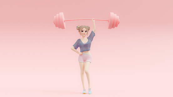 Cute little girl exercises by lifting weights with one hand. Pink barbell on pink pastel background. Character 3D Render.