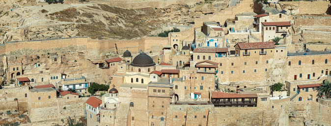 Ancient greek Monastery Mar Saba, located on a cliff in Judean desert, in Israel. .