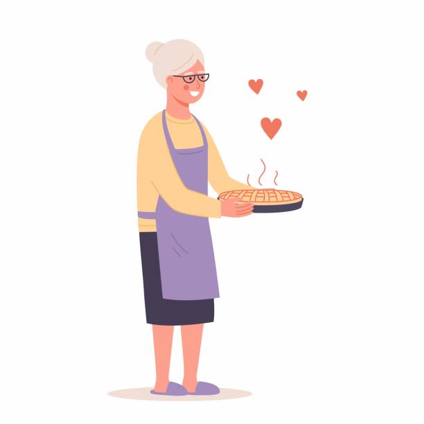 Granny in glasses holding a berry pie Happy grandmother with hot pie. Grandmother in glasses, apron. Baking, pies. cooking. Isolated, white. vector mature woman healthy eating stock illustrations