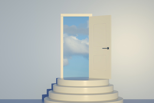 3d rendering of the Open Door and Staircase, Ladder of Success, Decisions, Choices.