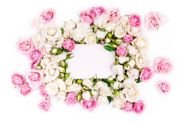 istock Blank note paper decorated flowers frame, white and pink roses 1345065430